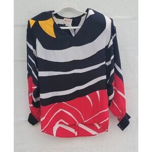 VINTAGE 80s Blouse Women Size 8 Red Black Abstract V Neck 100% Silk Shirt Top